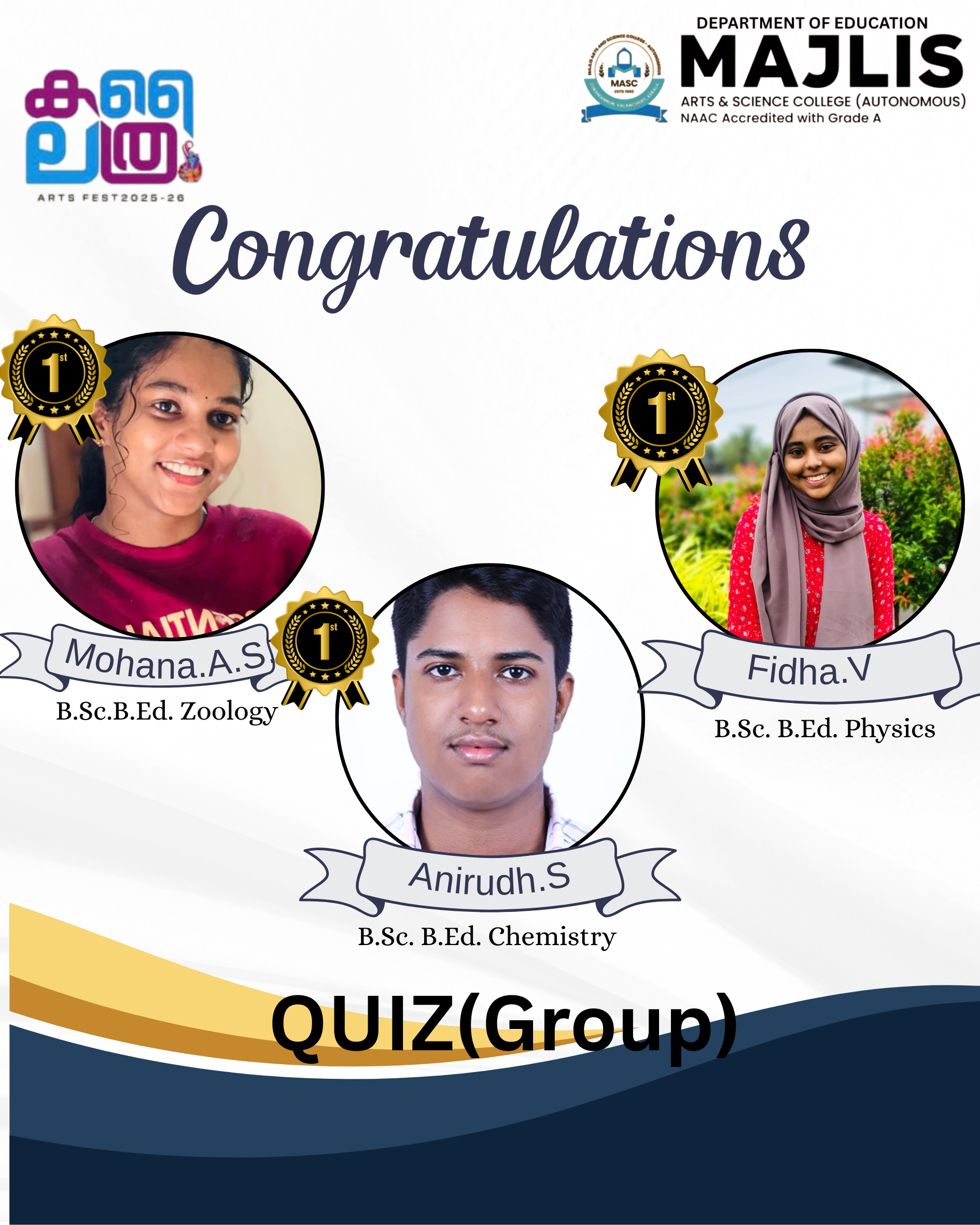 Mohana AS, Fidha V, Anirudh S wins First in Quiz