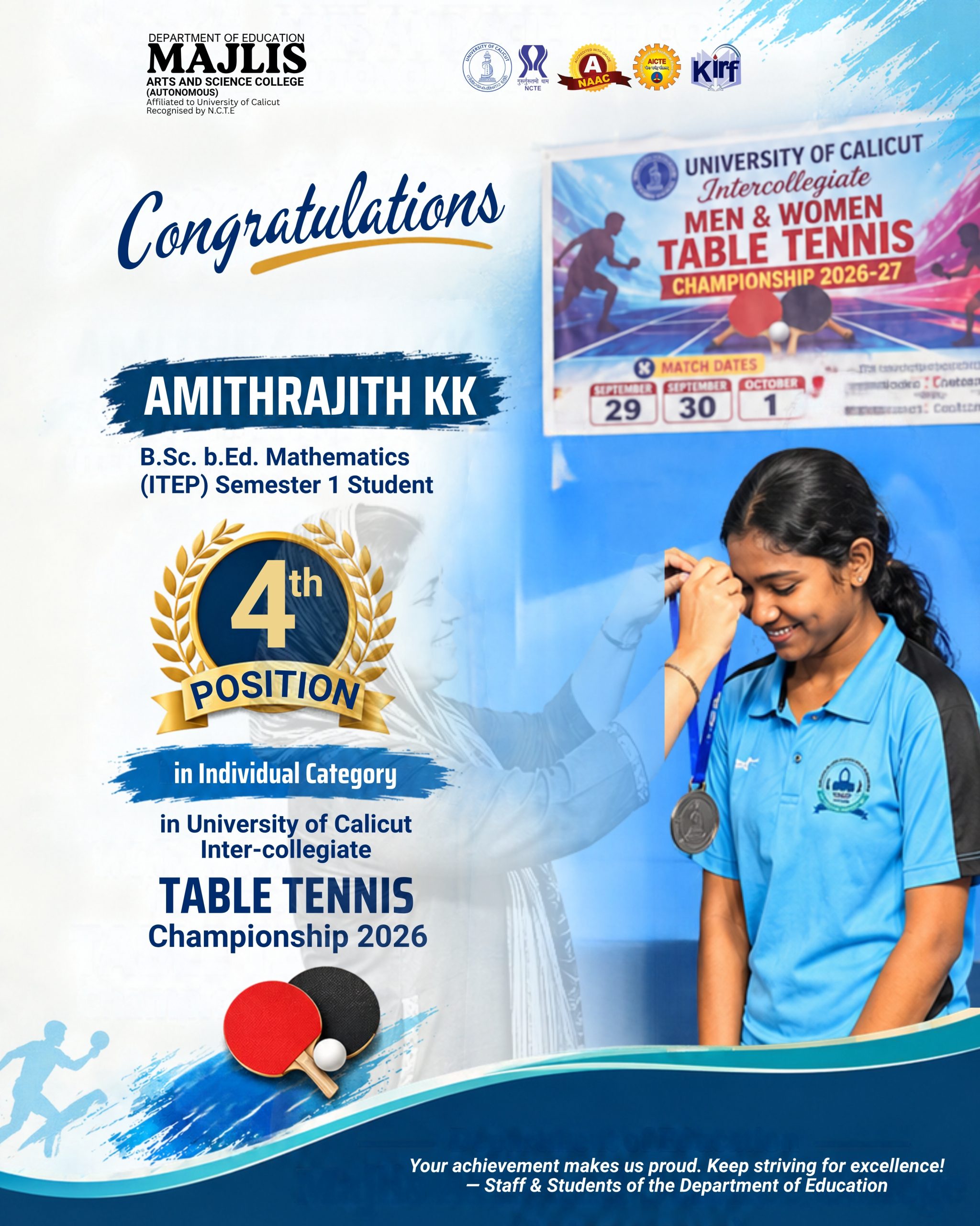 ITEP Student AMITHRAJITH wins position in University Table Tennis Championship